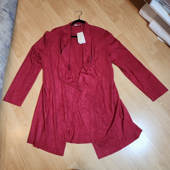 NWT Solitaire Faux Suede Red Cardigan Stretch Open Front Drape Size XL - Picture 7 of 14